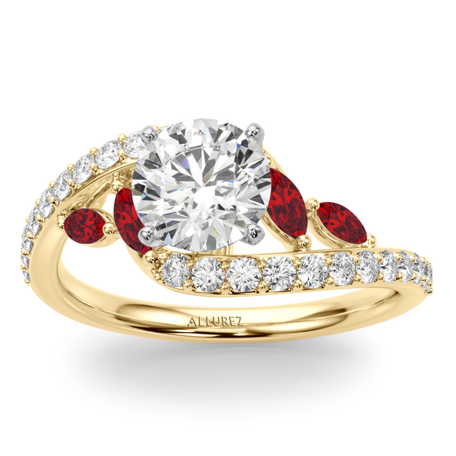 Swirl Design Diamond & Marquise Ruby Bridal Ring Set 18K Yellow Gold (0.96ct)